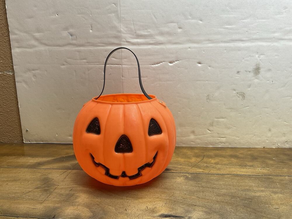 Vintage AJ Renzi Pumpkin Blow Mold Trick-Or-Treat Pail Bucket Witch - 2-Sided